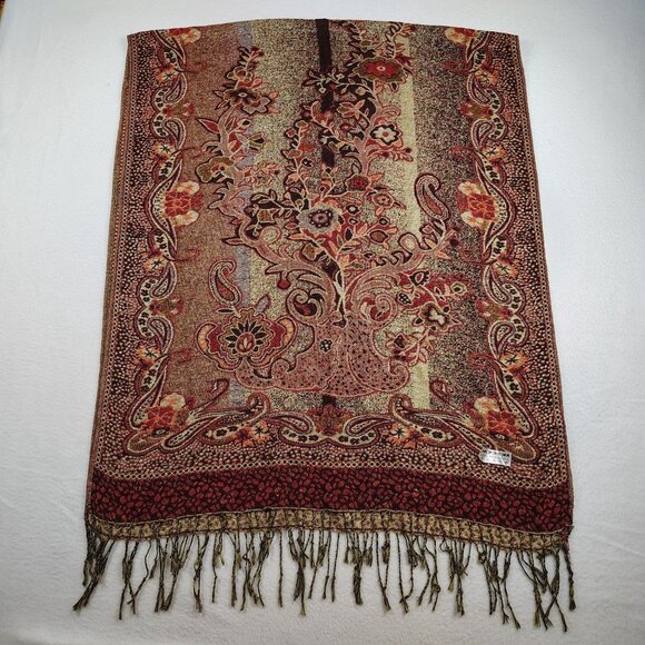 Accessories - 100% Pashmina Shawl 67.5 x 27 Red Orange Gold Shimmer Jacquard Paisley Fringe